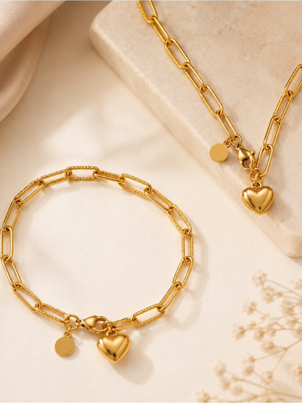 18K Gold Plated 304 Stainless Steel Heart Necklace & Bracelet | Water Resistant